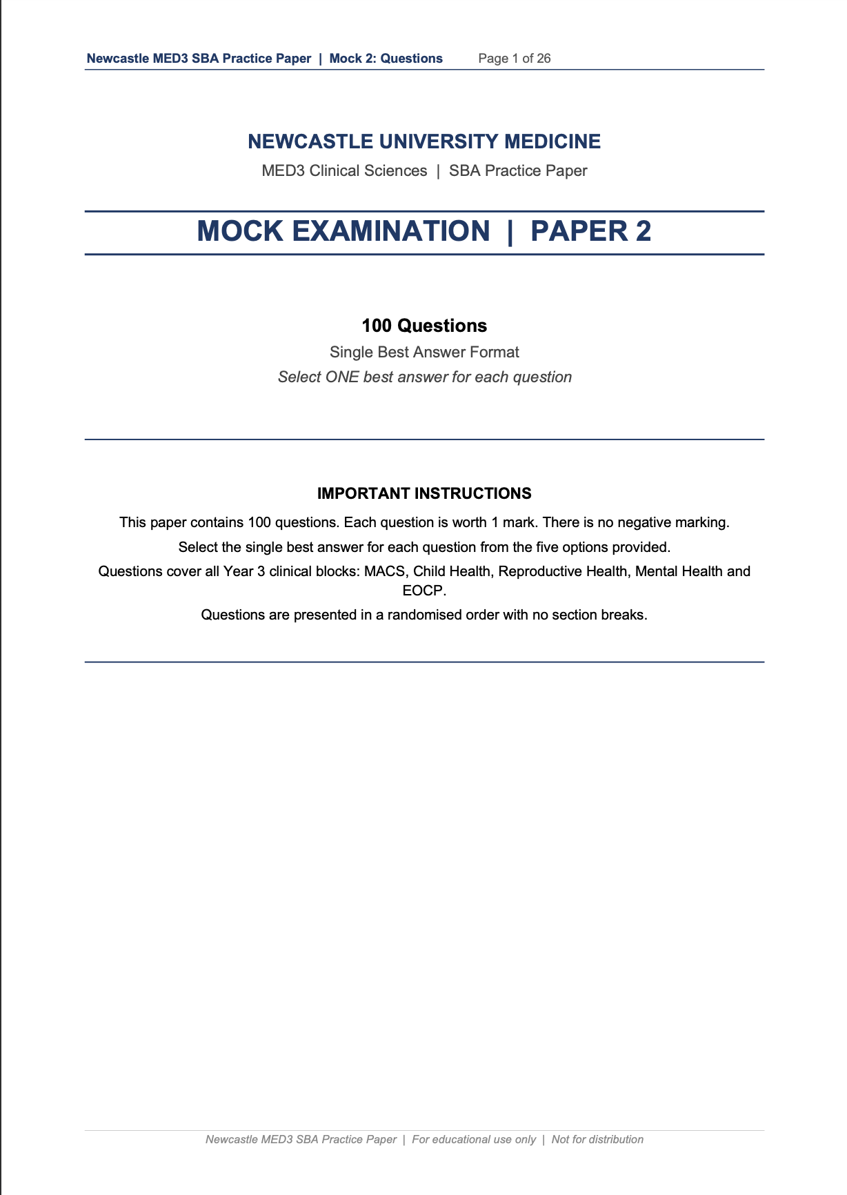 MBBS Stage 3 SBA Mock Paper Bundle