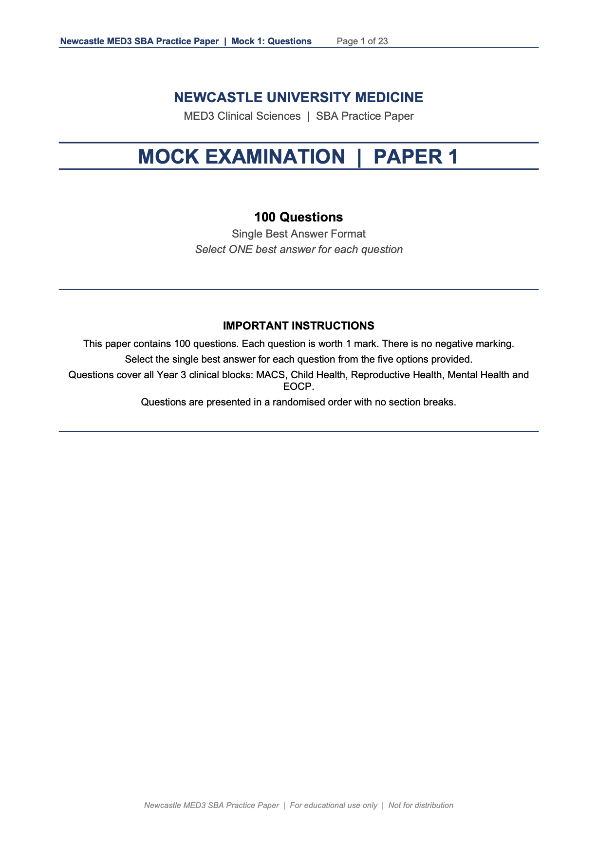 MBBS Stage 3 SBA Mock Paper Bundle